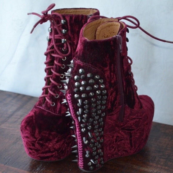 Jeffrey Campbell Spike Damsel Wine Velvet Booties Wedge 7.5 - Picture 3 of 10